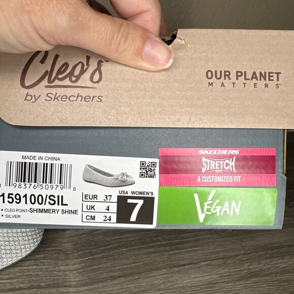 Sketchers NEW Cleo Point Ballet Flats Womens 7 Memory Foam Shoes Silver Bow - Picture 2 of 11